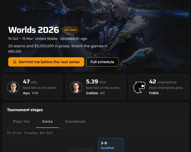 The Worlds 2026 schedule in the MID.GG desktop app