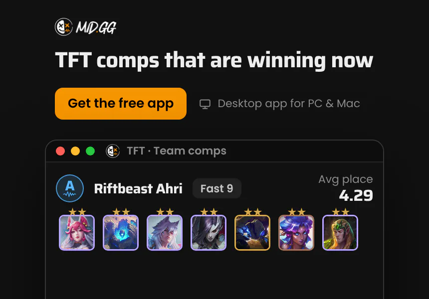 TFT comps that are winning now. Team comps ranked by average place, with the units, traits and items that make them. The MID.GG desktop app, free for Windows and Mac.