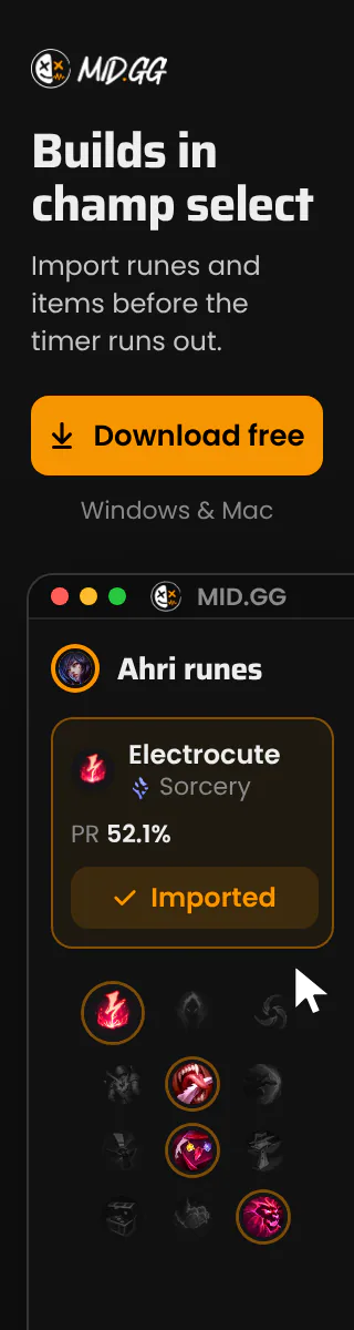 Builds in champ select. Import runes and items before the timer runs out. The MID.GG desktop app, free for Windows and Mac.