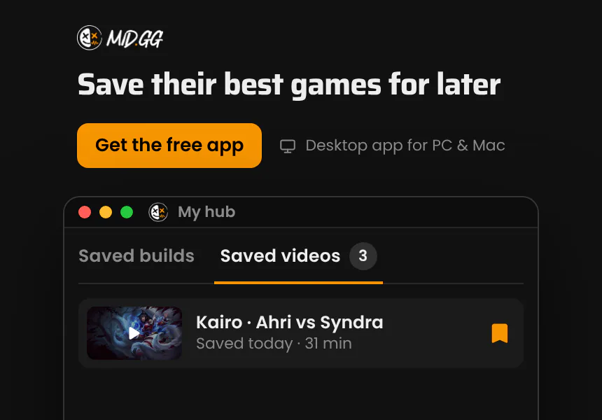Save their best games for later. Keep any game in My hub and watch the whole thing whenever you like. The MID.GG desktop app, free for Windows and Mac.