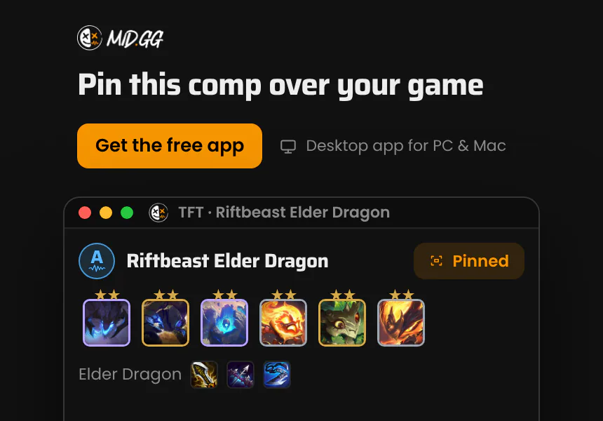 Pin this comp over your game. Pin any comp to the in-game overlay and keep its units and items in view while you play. The MID.GG desktop app, free for Windows and Mac.