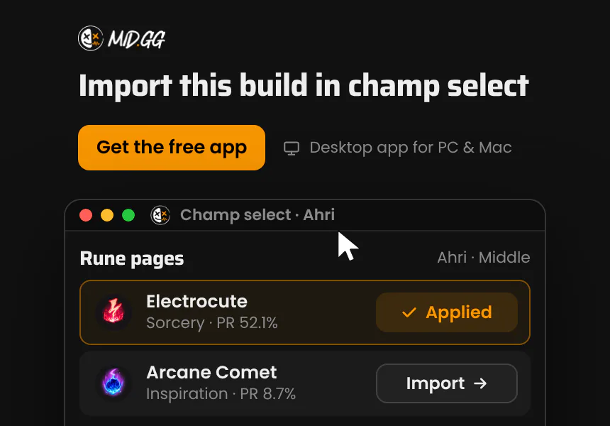 Import this build in champ select. Runes, items and summoner spells go straight into League, before the timer runs out. MID.GG desktop app, free for Windows and Mac.