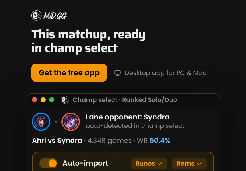 This matchup, ready in champ select. MID.GG spots your lane opponent and applies the runes and items for this exact matchup. The MID.GG desktop app, free for Windows and Mac.