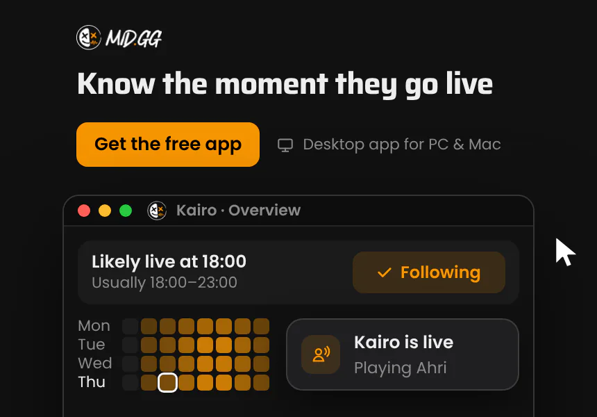 Know the moment they go live. Tap Notify me and MID.GG tells you when they start, with the hours they usually stream. The MID.GG desktop app, free for Windows and Mac.