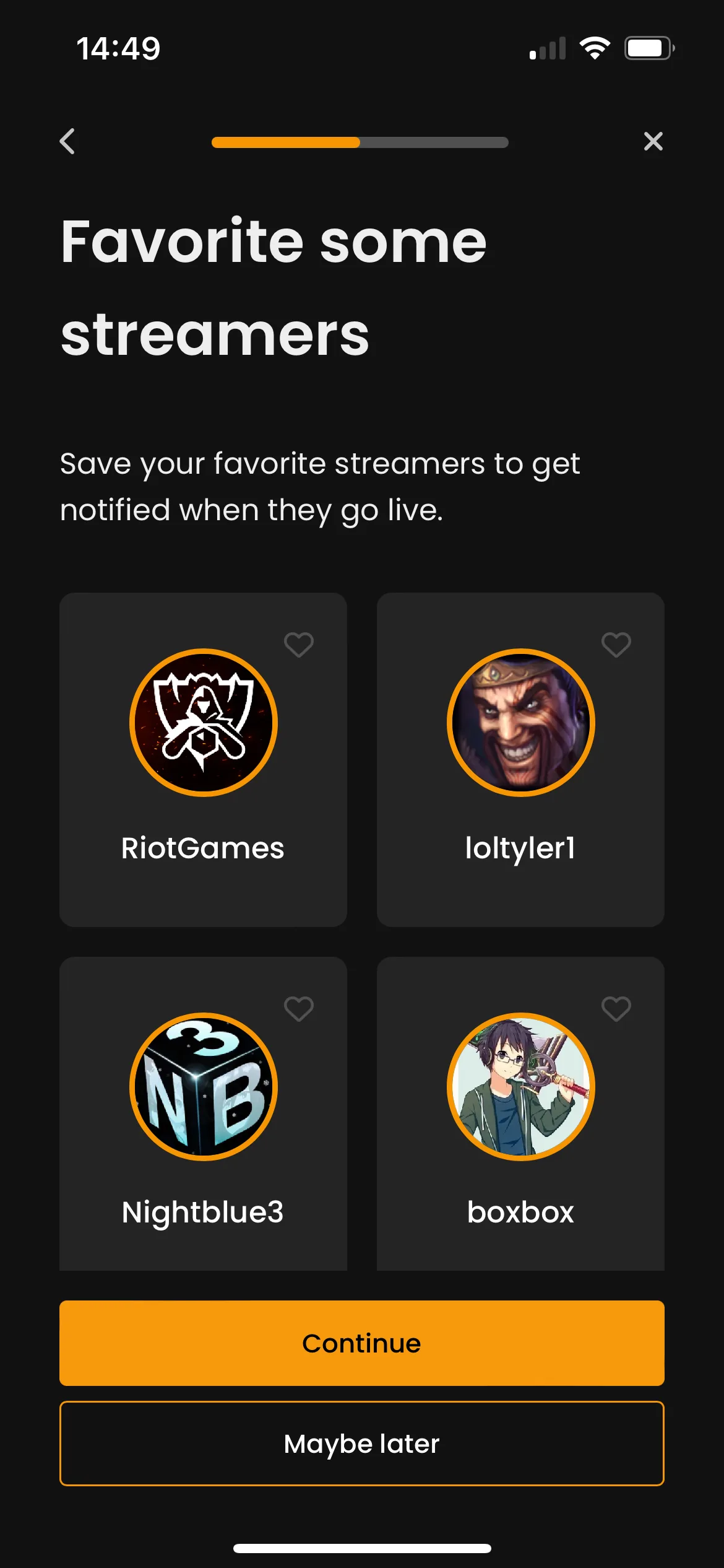 Choosing favorite streamers in the MID.GG mobile app