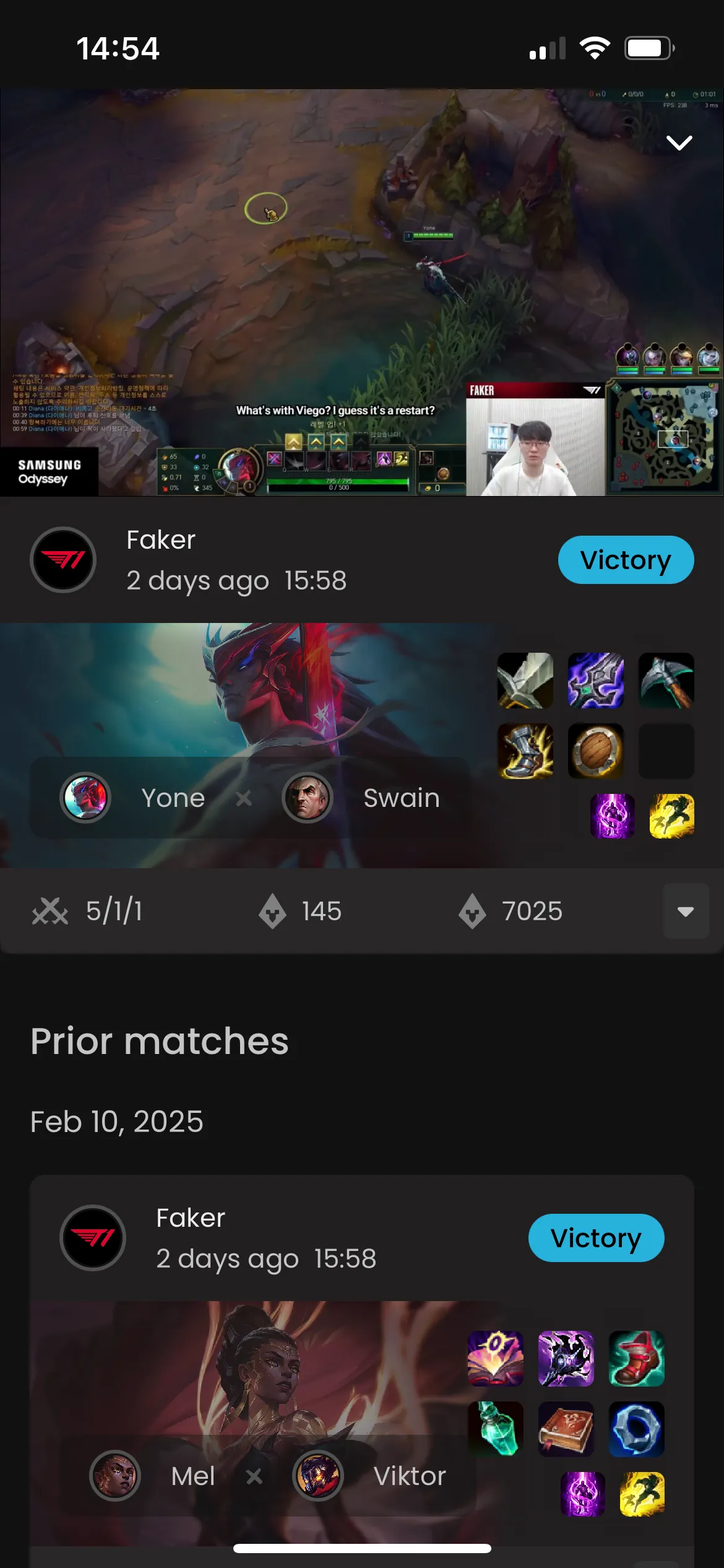 The MID.GG mobile app showing a live match and prior matches for Faker