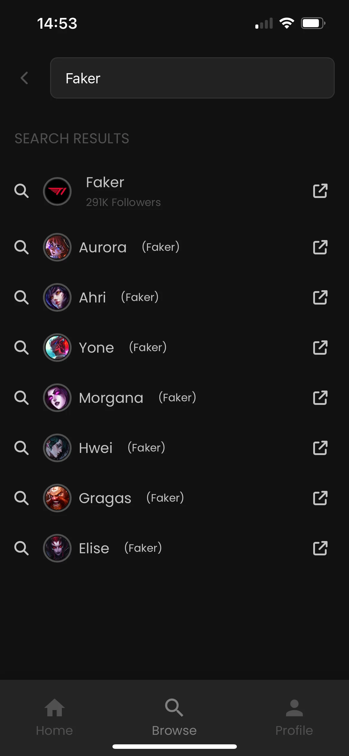 Searching for Faker in the MID.GG mobile app