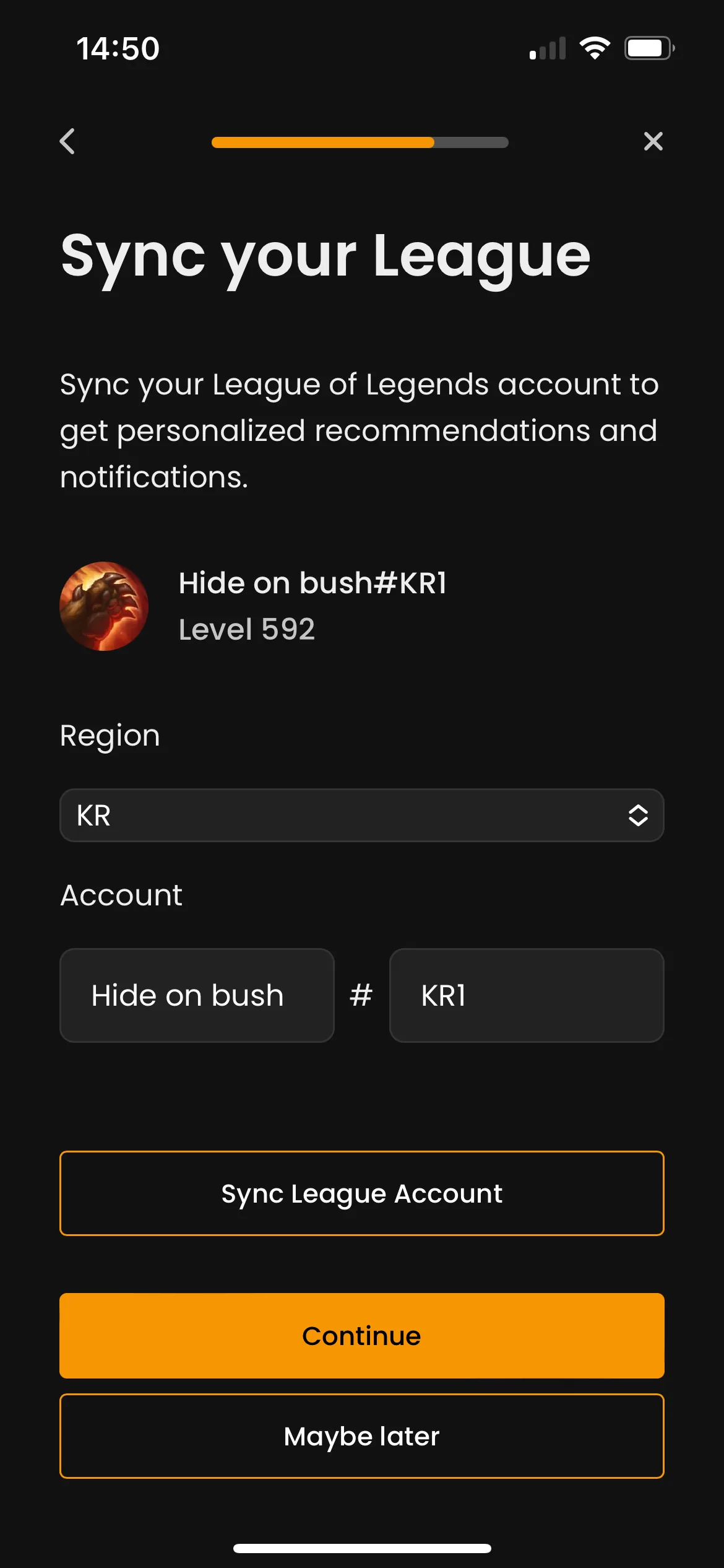 The sync your League account step in the MID.GG mobile app